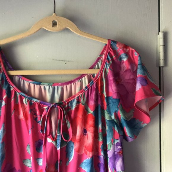 Vintage Chemise Tropical Gown  Day Dress Loungewear Pink Floral Flowy - Picture 3 of 7